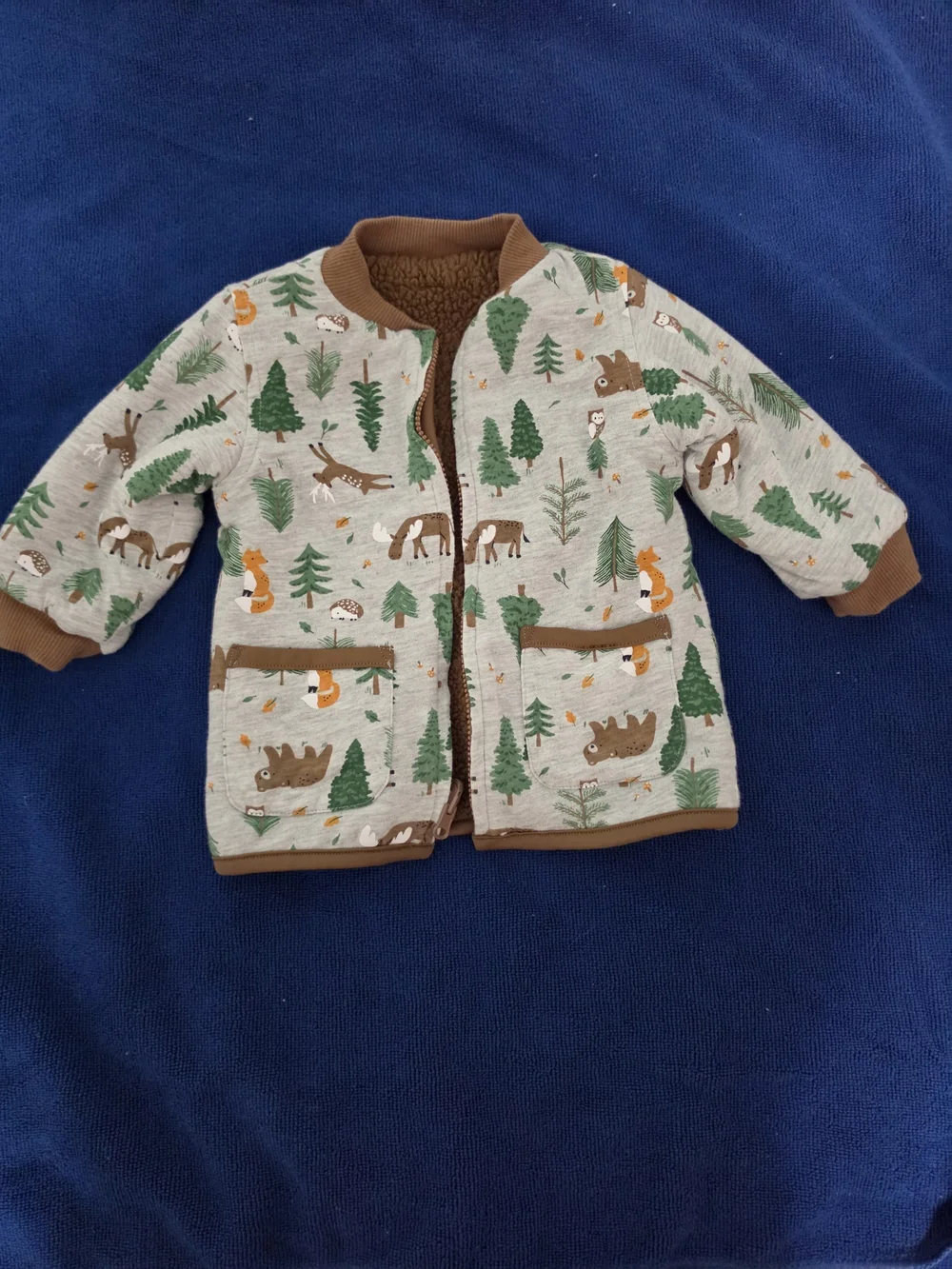 Woodland Animal Baby Jacket - Green & Brown Reversible 12-18 mos